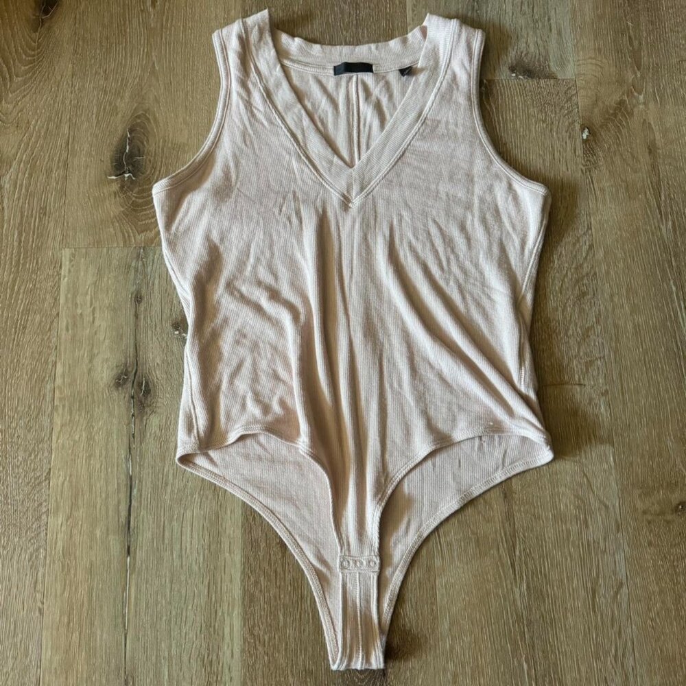 ATM Blush‎ Baby Pink V-neck Ribbed Tank Thong Bodysuit size L